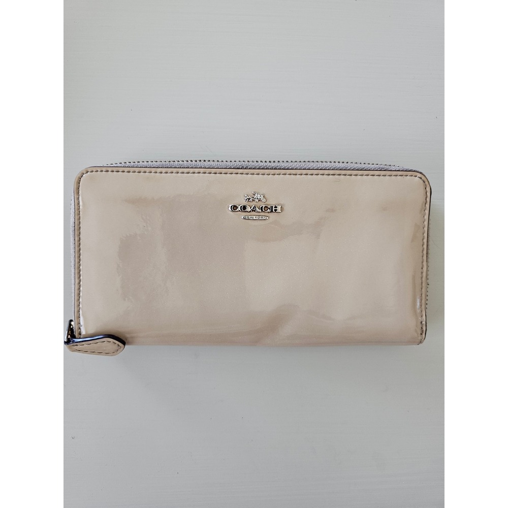 Coach Beige Patent Leather Accordion Zip Wallet Burgundy Interior